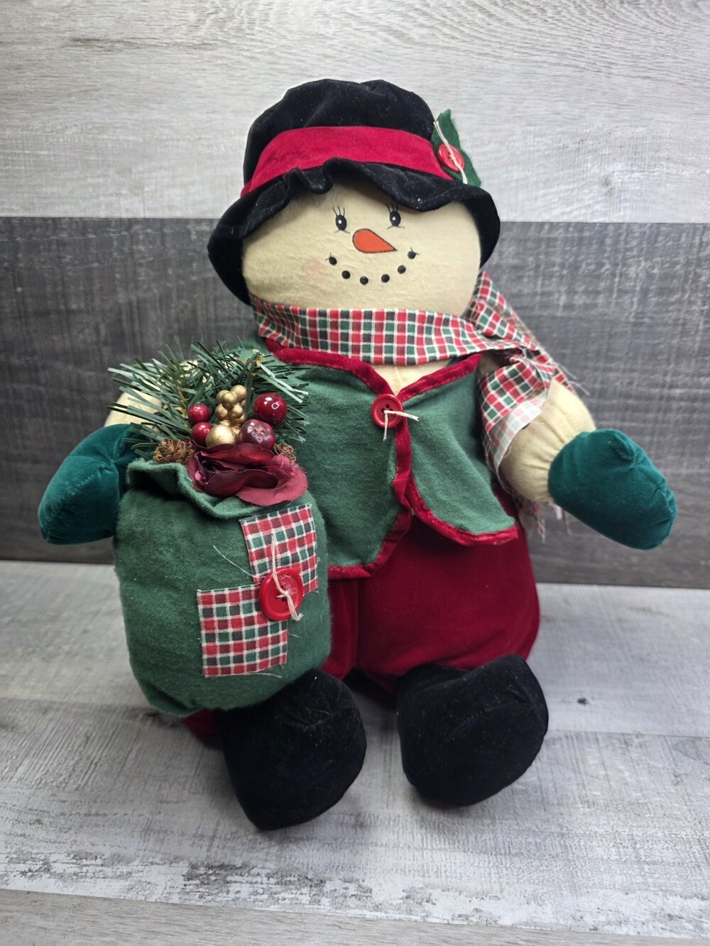 Country Rustic Snowman Plush Christmas Farmhouse 12" X 10" Decor Vtg b209
